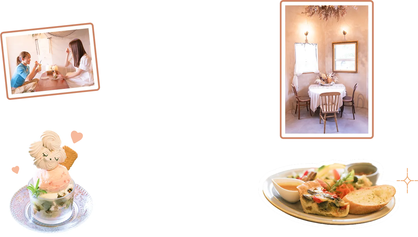 Link cafe petit queueの店内。おしゃれなフランス風の調度品のなか、絶品の料理を楽しめます。