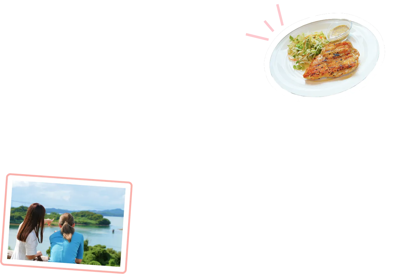 カフェの美味しそうな料理や、カフェから海を眺める様子