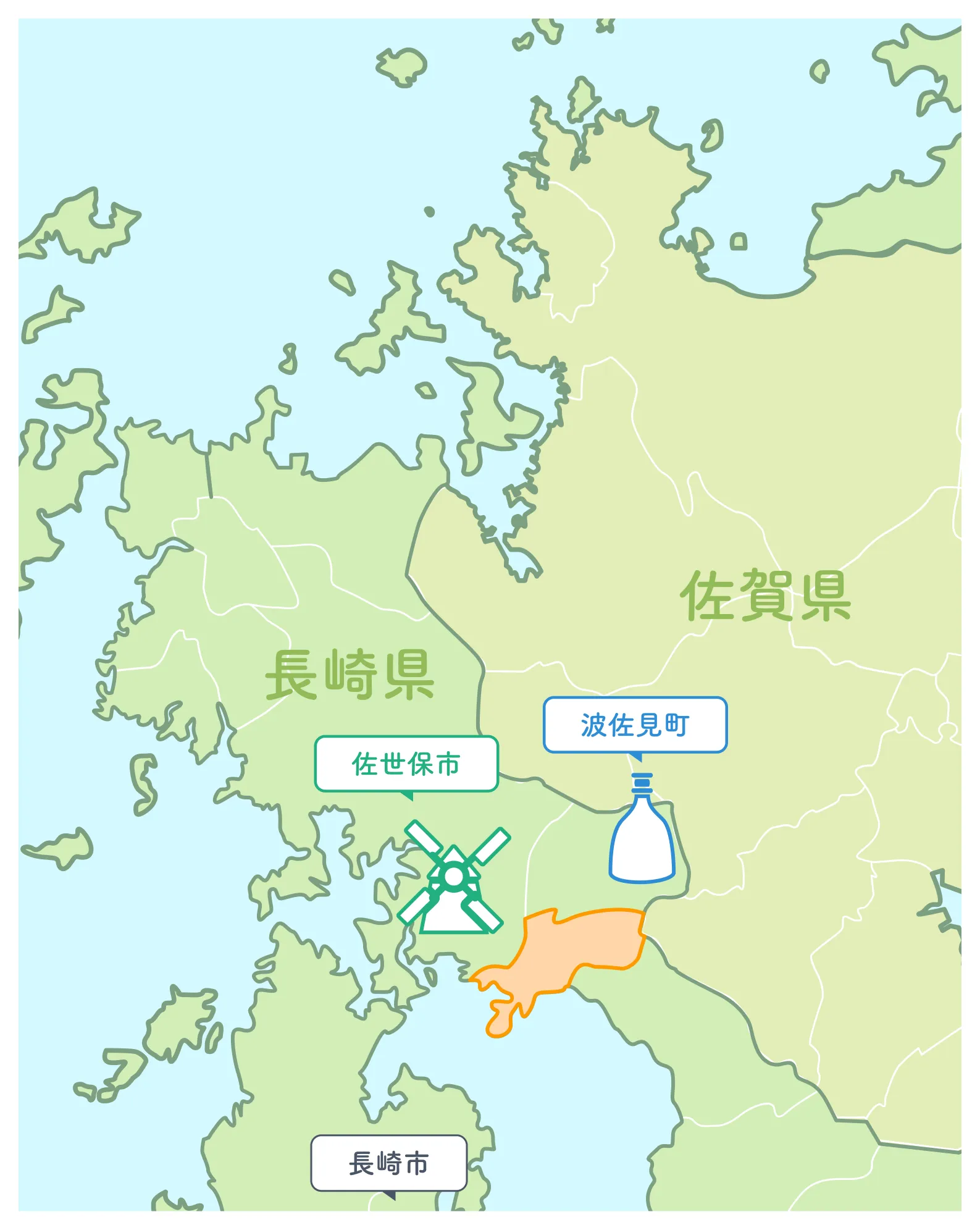川棚町近辺の地図。佐世保市のハウステンボス駅や波佐見町から近く、交通の便が良いです。